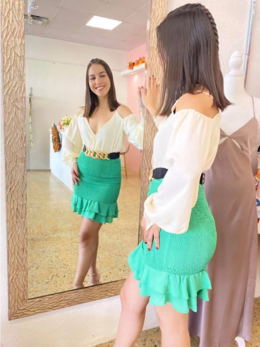Green Ruffled Smocked Mini Skirt - Women's